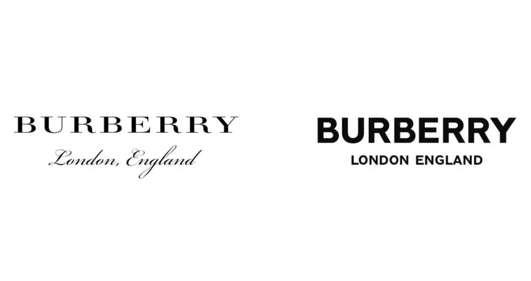 区别于左图旧Logo的衬线字体，右图Burberry新Logo的字体更为简洁现代